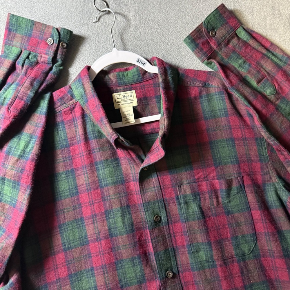 LL Bean Mens XL Traditional Fit Flannel Shirt Red Green Plaid Cotton Button Down